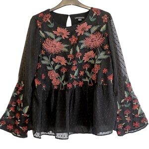 Beautiful AE Peplum Top. Embroidered Pinks & Greens W/Blk Swiss Dots. Sz. M